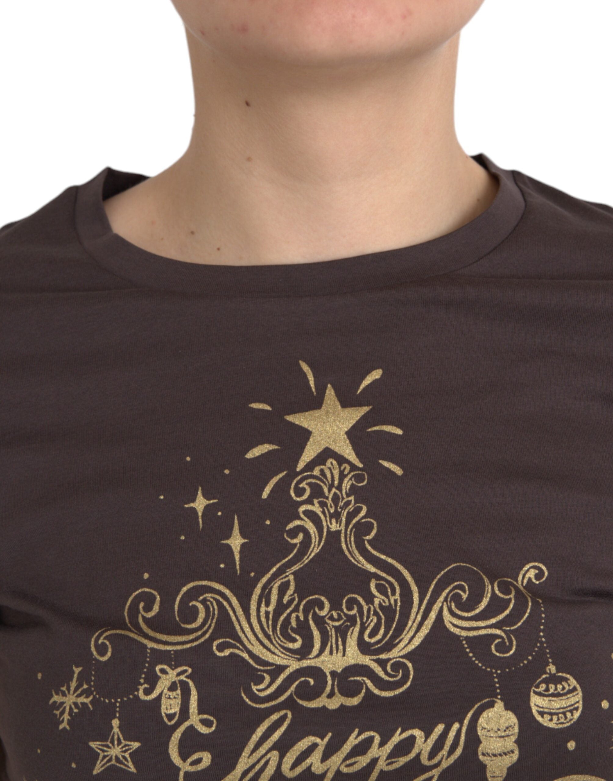 Tricou Dolce &amp; Gabbana maro cu guler rotund și imprimeu 2017