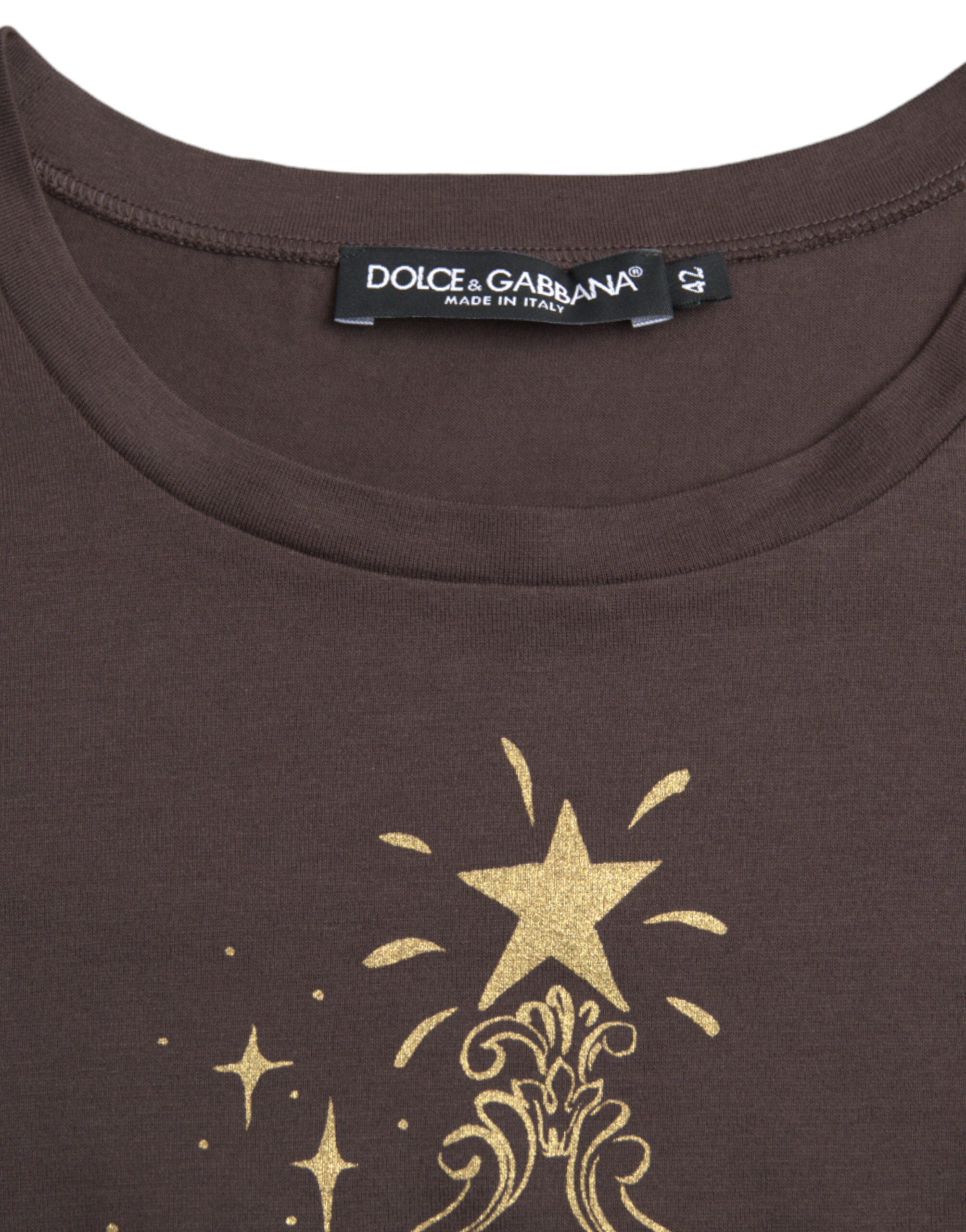Tricou Dolce &amp; Gabbana maro cu guler rotund și imprimeu 2017