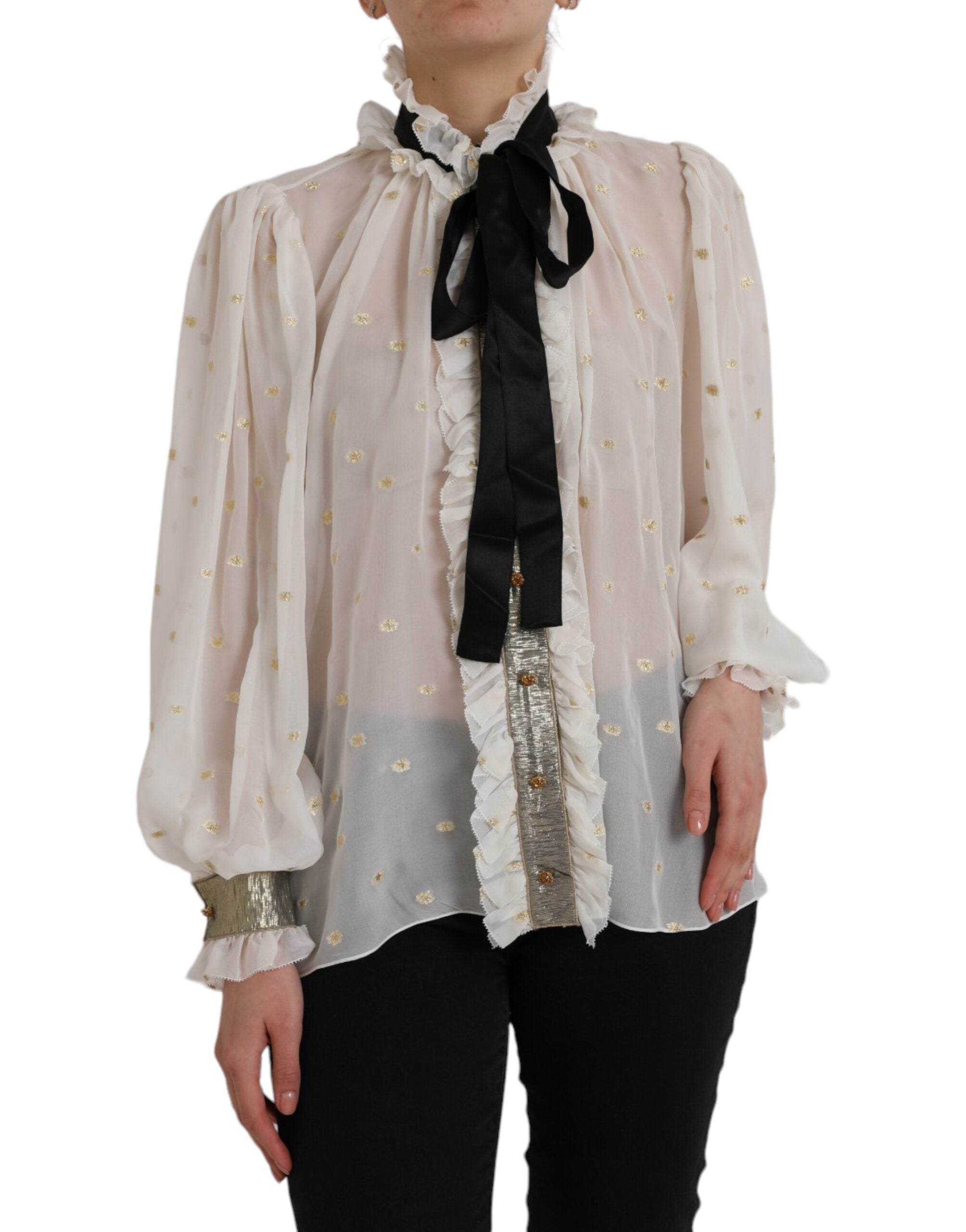Dolce &amp; Gabbana Blusentop aus Seidenmischung mit Ascot-Kragen in Off-White