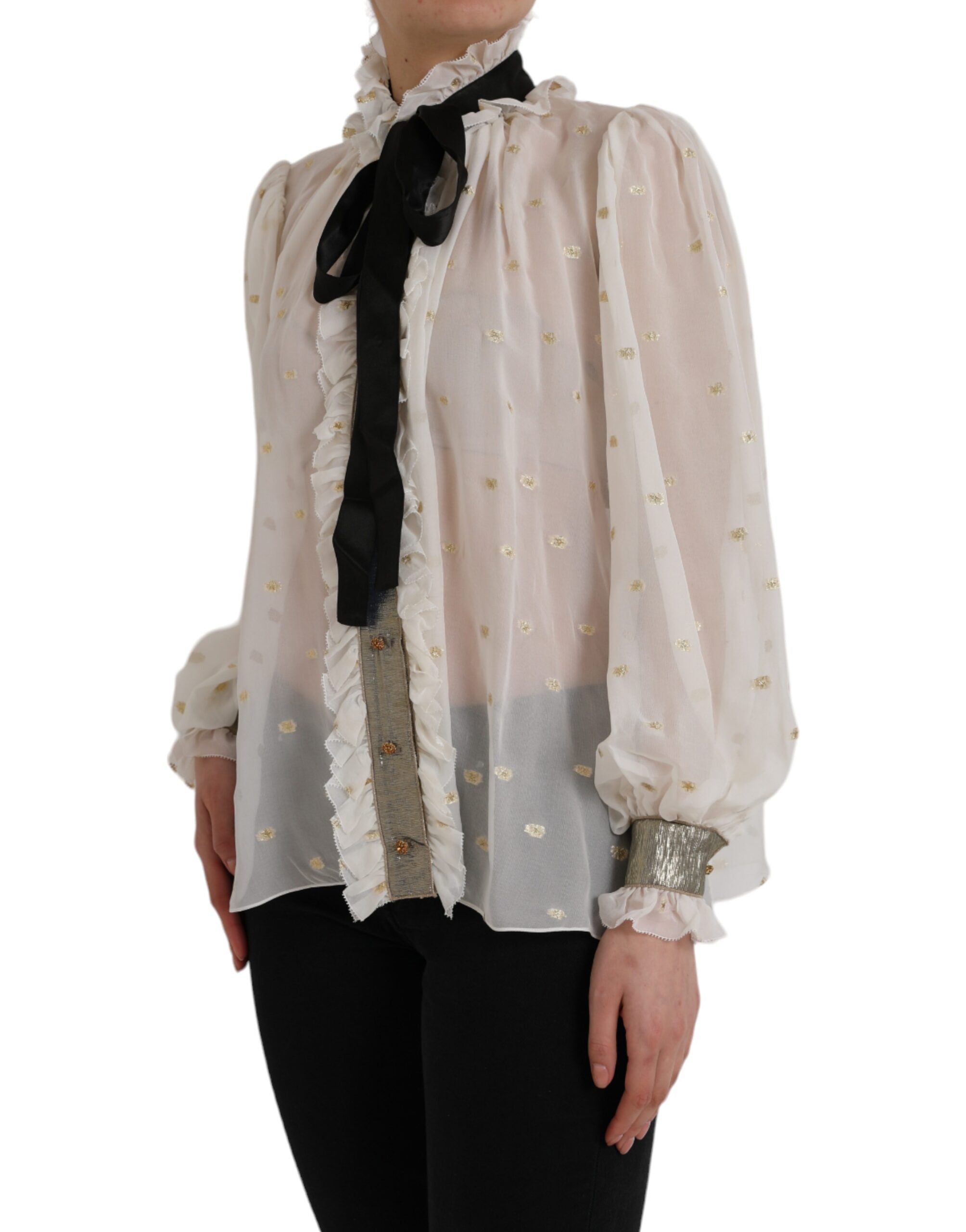 Dolce &amp; Gabbana Blusentop aus Seidenmischung mit Ascot-Kragen in Off-White