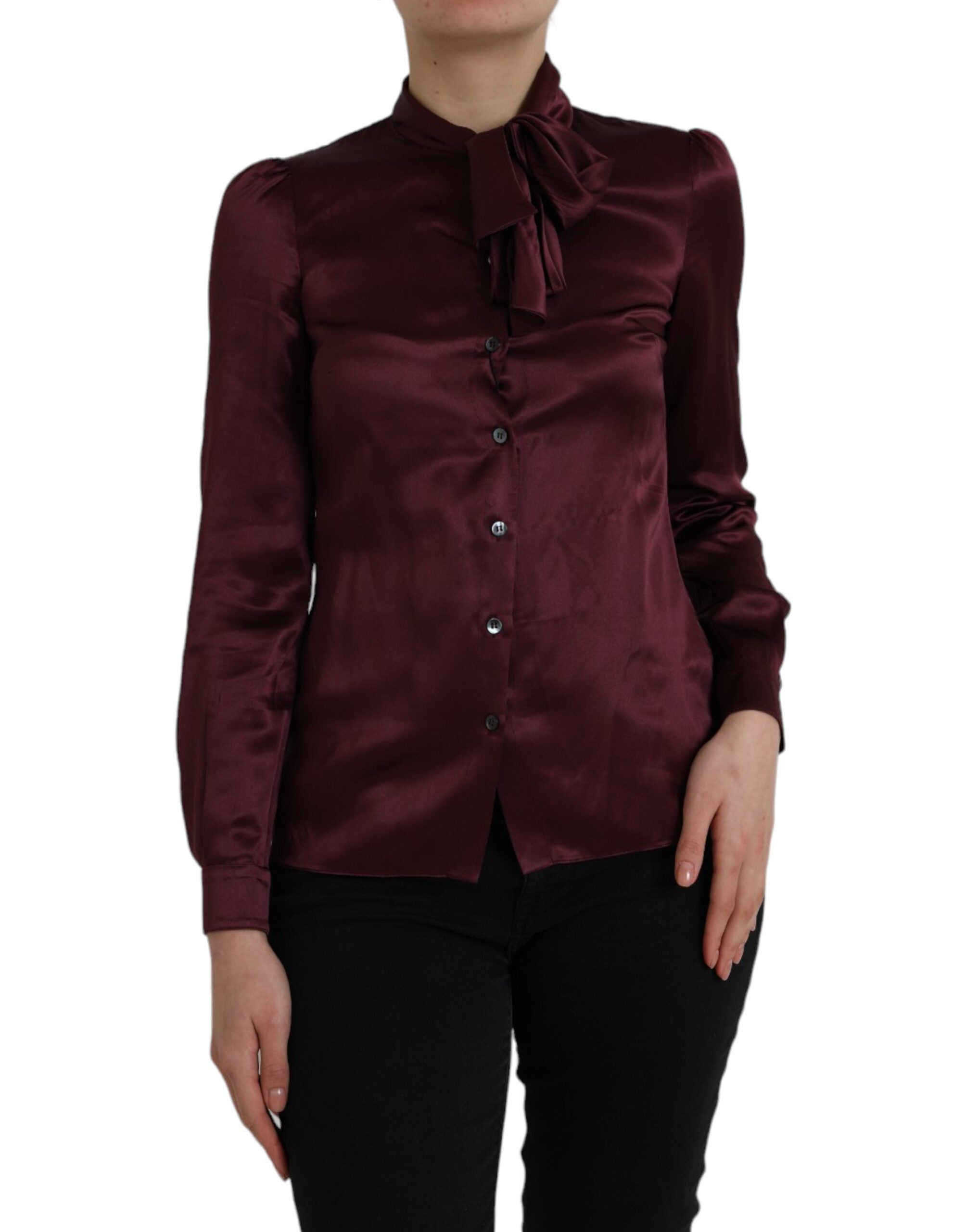 Dolce &amp; Gabbana – Kastanienbraune Bluse mit Ascot-Kragen und langen Ärmeln