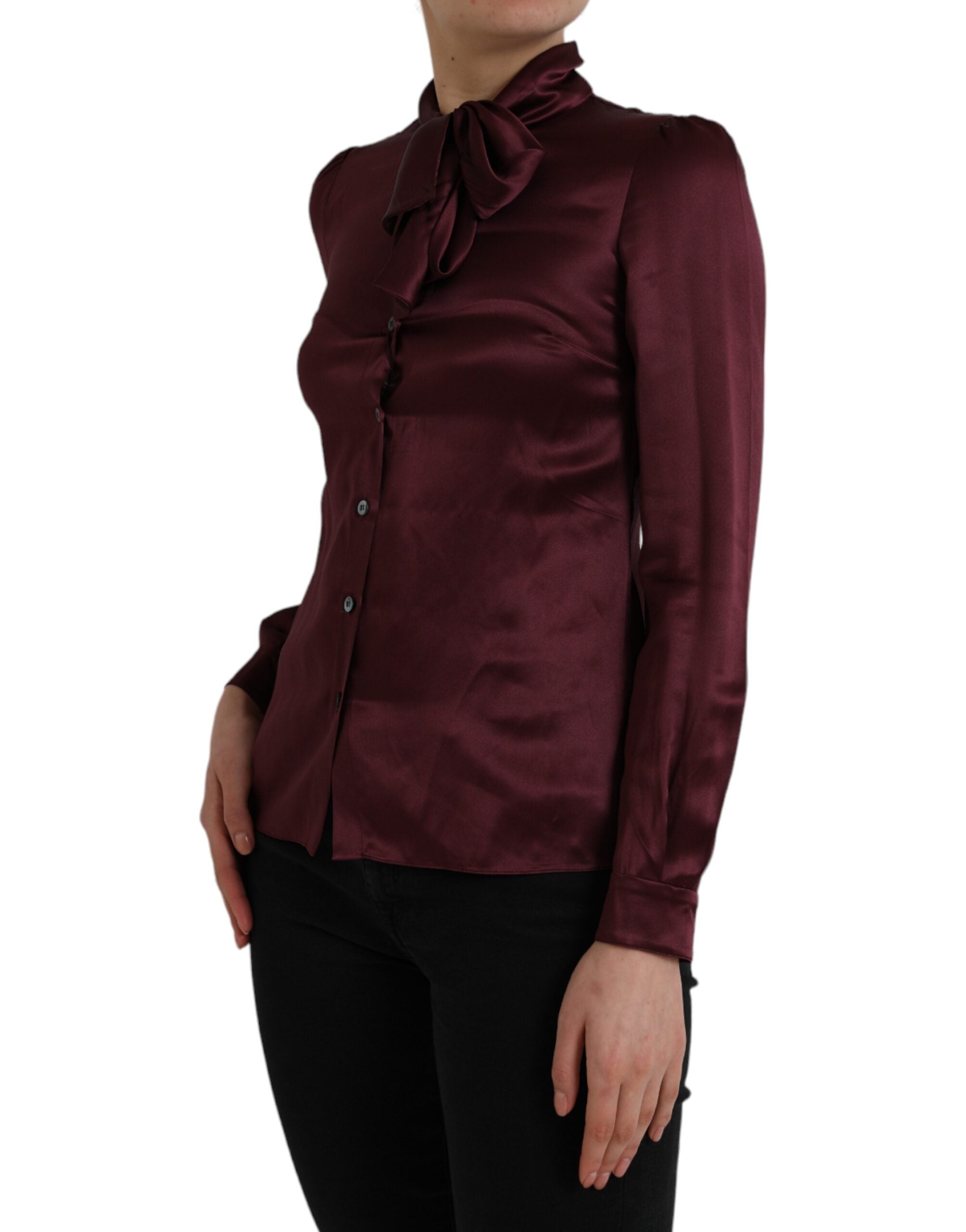 Dolce &amp; Gabbana – Kastanienbraune Bluse mit Ascot-Kragen und langen Ärmeln