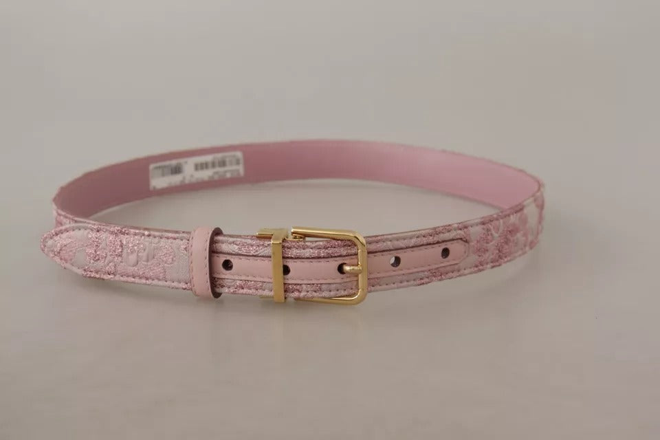 Curea Dolce &amp; Gabbana roz cu cataramă metalică aurie, brodată cu Jaquard