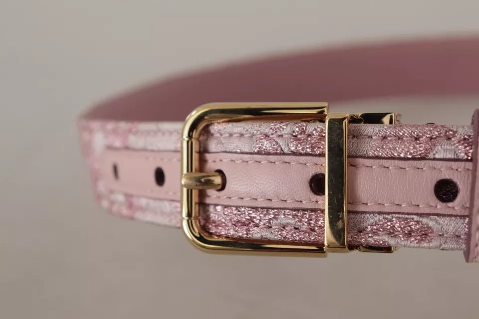 Curea Dolce &amp; Gabbana roz cu cataramă metalică aurie, brodată cu Jaquard