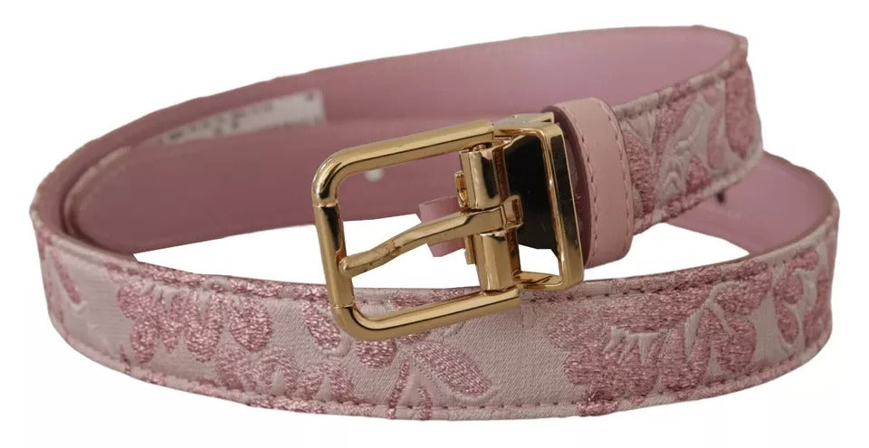 Curea Dolce &amp; Gabbana roz cu cataramă metalică aurie, brodată cu Jaquard