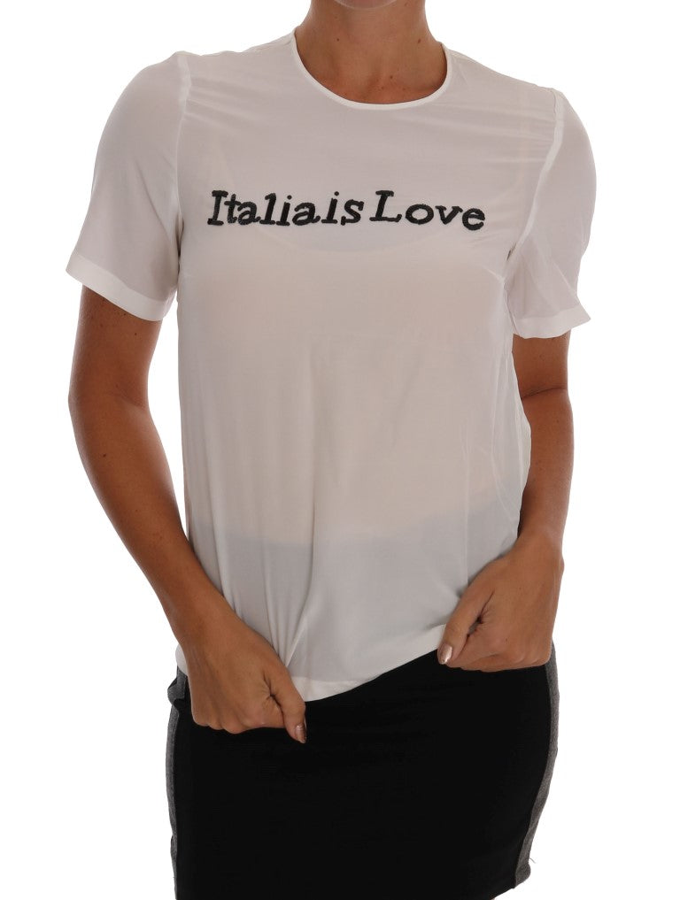 Dolce &amp; Gabbana – Weiße Seidenbluse mit Pailletten „Italia Is Love“