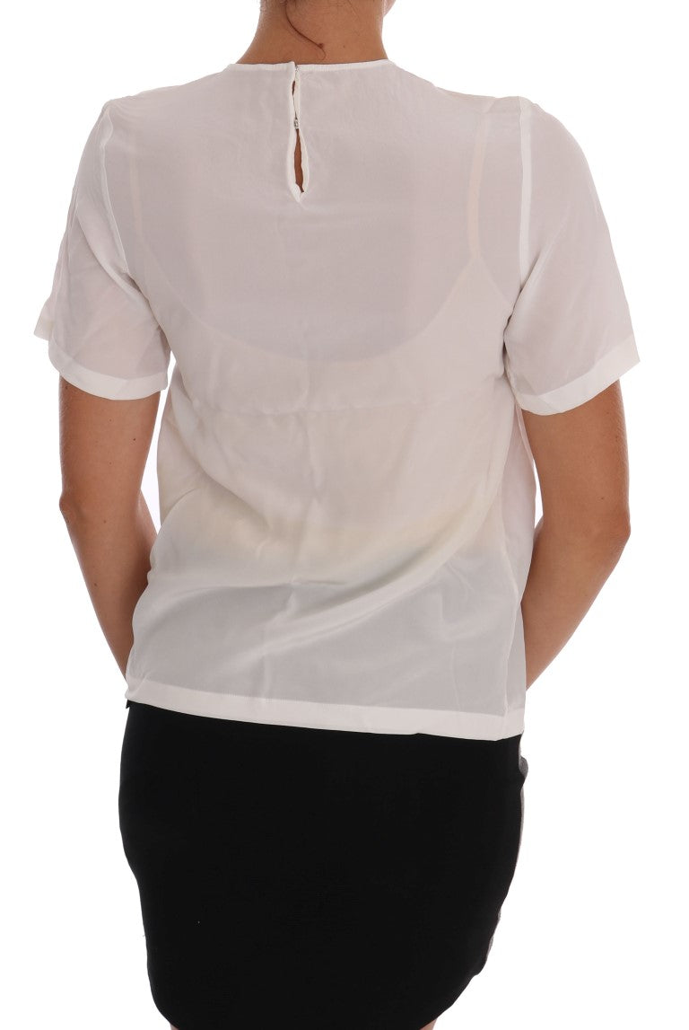 Dolce &amp; Gabbana – Weiße Seidenbluse mit Pailletten „Italia Is Love“