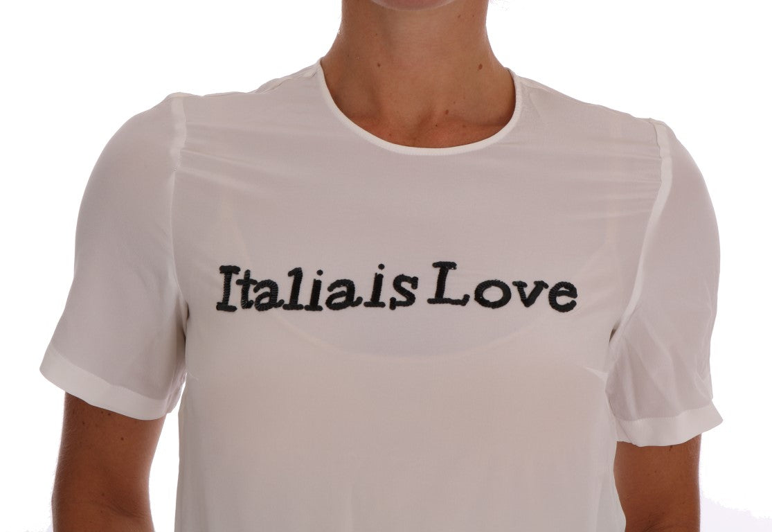 Dolce &amp; Gabbana – Weiße Seidenbluse mit Pailletten „Italia Is Love“