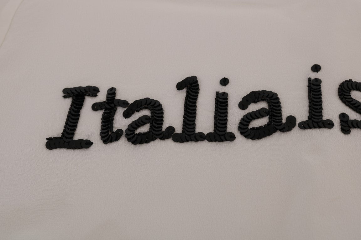 Dolce &amp; Gabbana – Weiße Seidenbluse mit Pailletten „Italia Is Love“