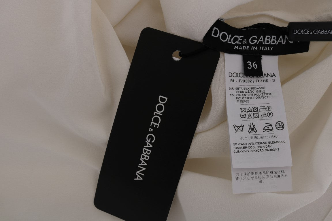 Dolce &amp; Gabbana – Weiße Seidenbluse mit Pailletten „Italia Is Love“