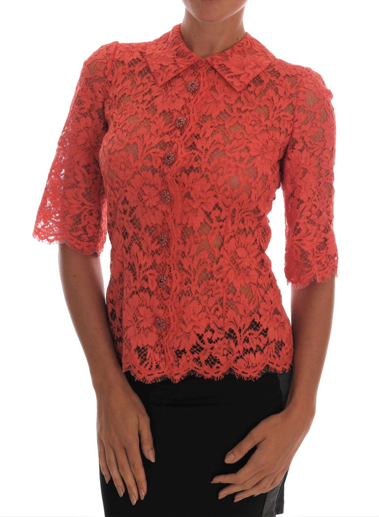 Dolce &amp; Gabbana – Elegante orangefarbene Strickjacke mit Blumenspitze und Kristallen
