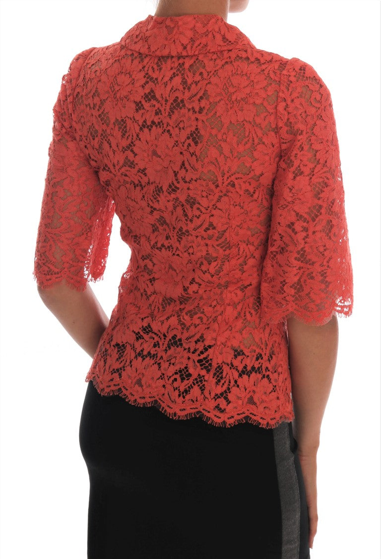 Dolce &amp; Gabbana – Elegante orangefarbene Strickjacke mit Blumenspitze und Kristallen