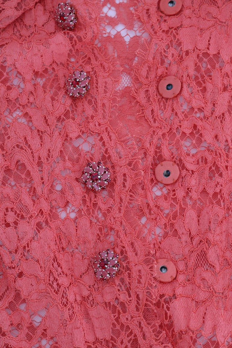 Dolce &amp; Gabbana – Elegante orangefarbene Strickjacke mit Blumenspitze und Kristallen