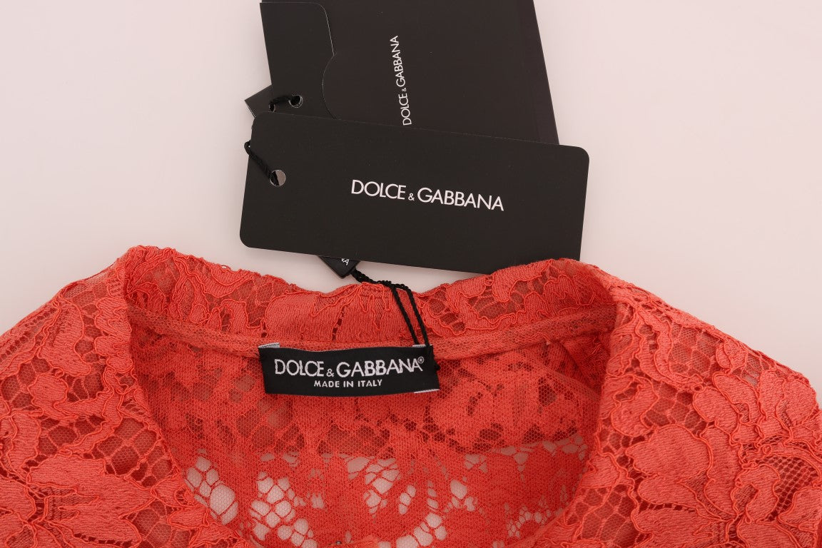 Dolce &amp; Gabbana – Elegante orangefarbene Strickjacke mit Blumenspitze und Kristallen