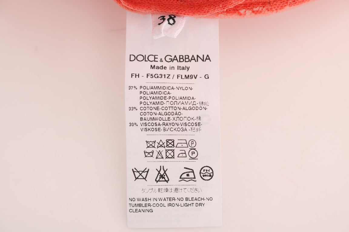 Dolce &amp; Gabbana – Elegante orangefarbene Strickjacke mit Blumenspitze und Kristallen
