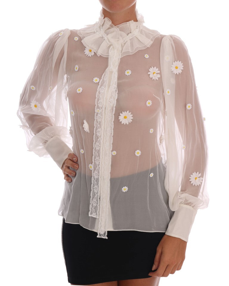 Dolce &amp; Gabbana Elegante weiße Seidenbluse mit Gänseblümchenmuster