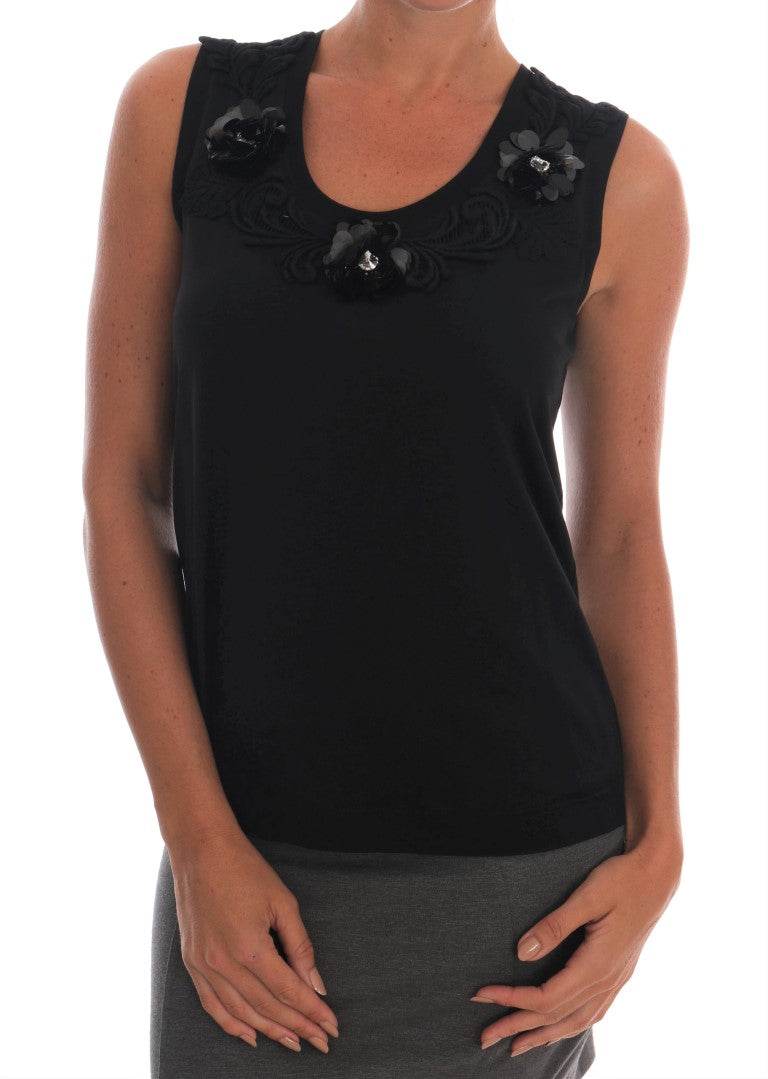 Dolce &amp; Gabbana – Schwarze Camisole-Bluse mit Blumenmuster und Pailletten