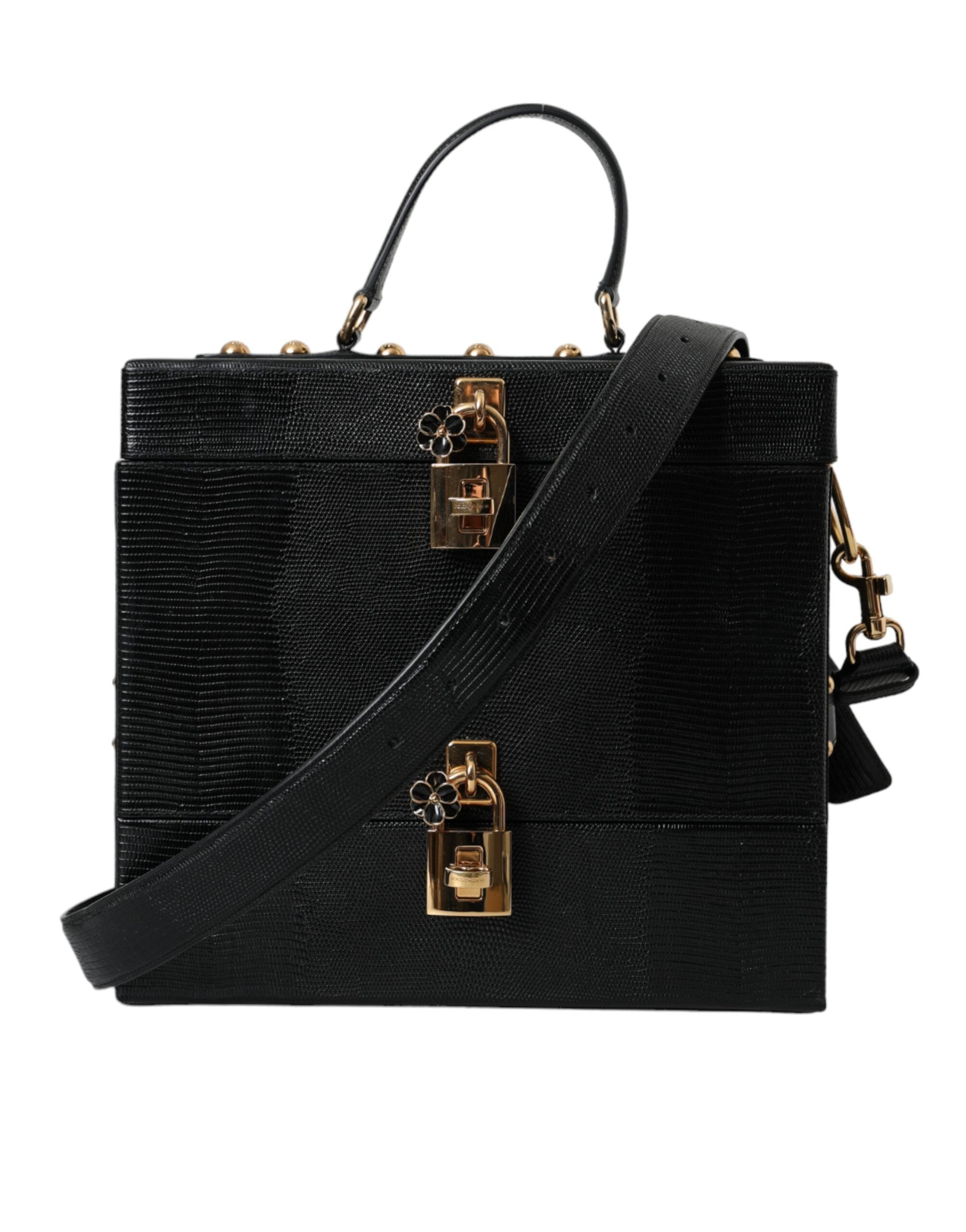 Dolce &amp; Gabbana Geantă dublă din piele de vițel cu model șopârlă neagră în relief