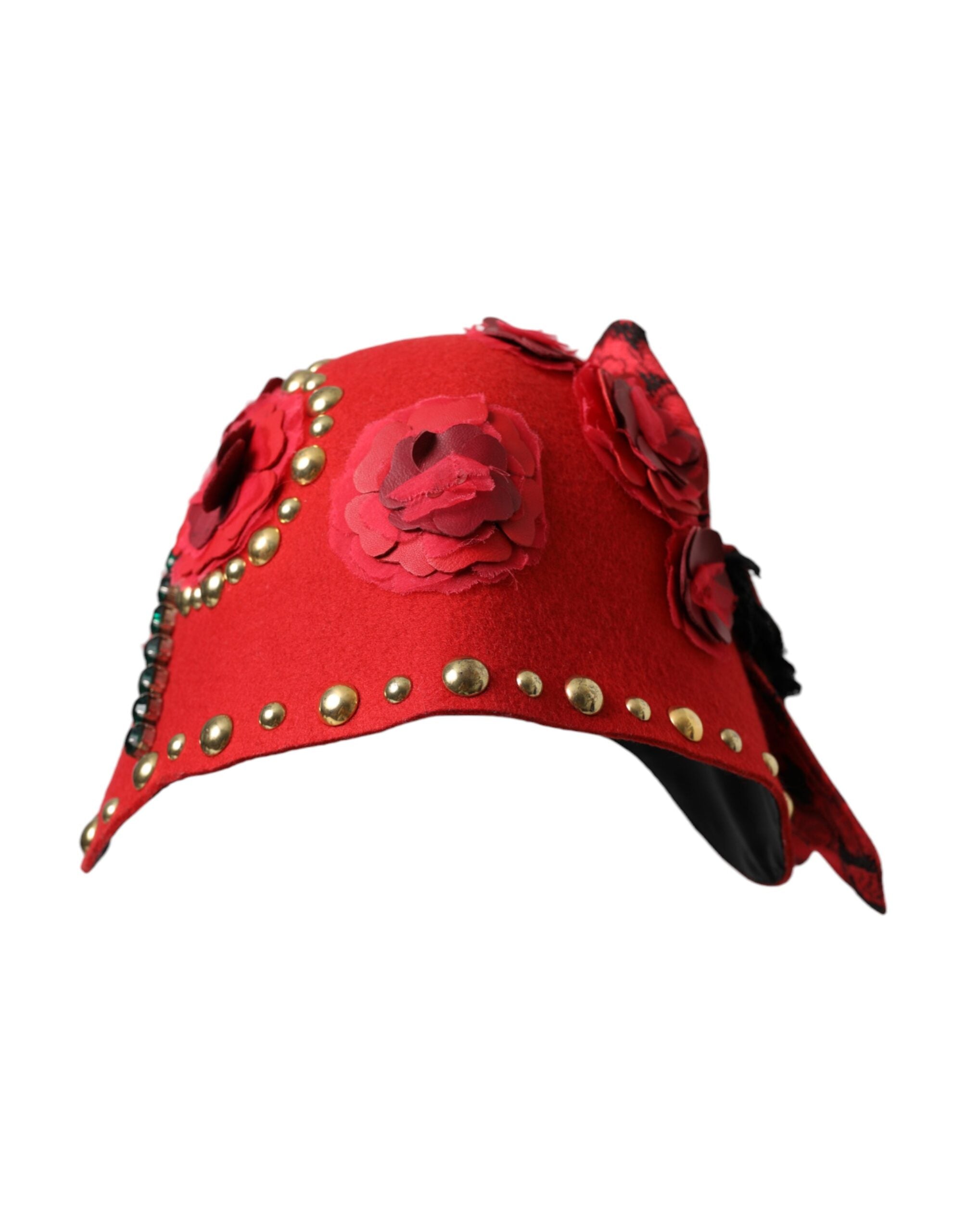 Pălărie Dolce &amp; Gabbana cu broșă și trandafiri aurii și cristale roșii
