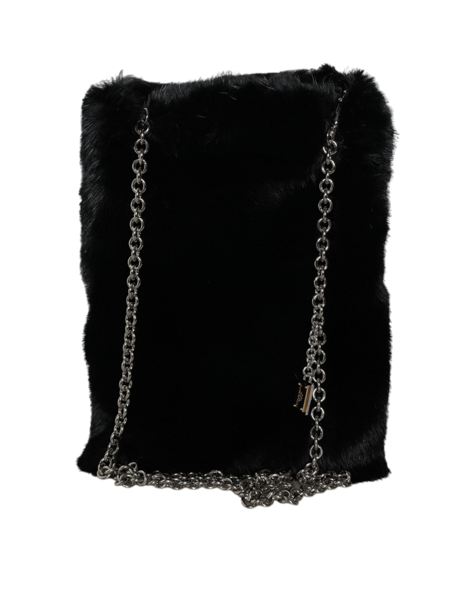 Dolce &amp; Gabbana – Umhängetasche mit silberner Kette und Kunstfell in Schwarz