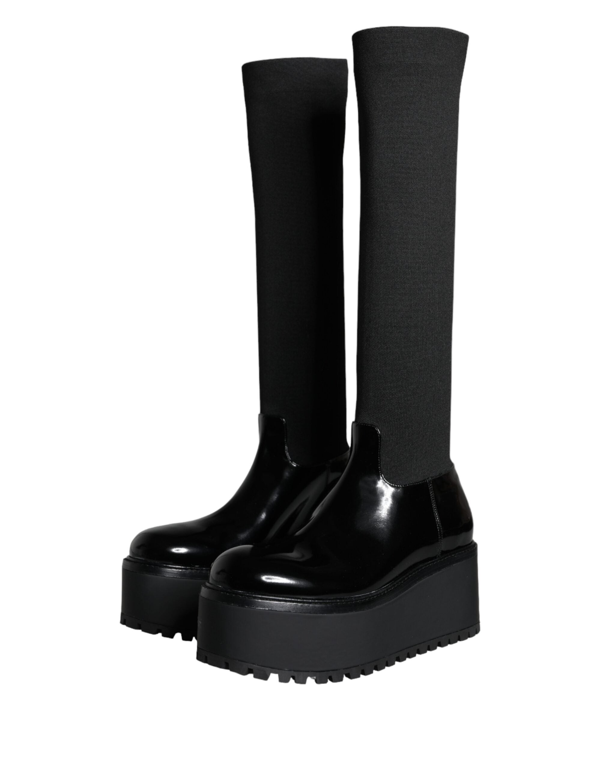 Dolce &amp; Gabbana – Kniehohe Stiefel aus schwarzem Jersey-Leder