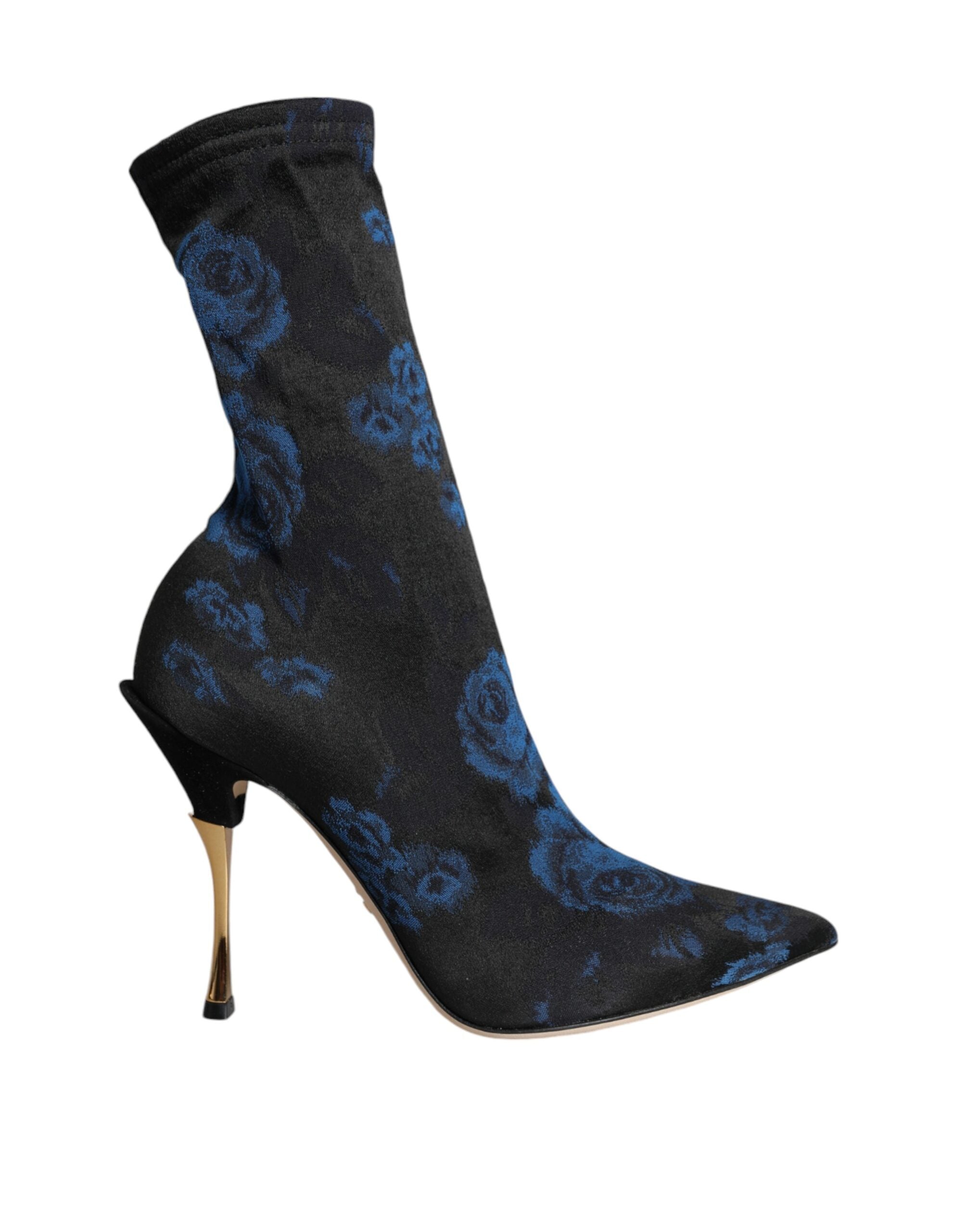 Dolce &amp; Gabbana – Schwarze Stretch-Stiefel mit Blumenmuster und halbhohem Schaft
