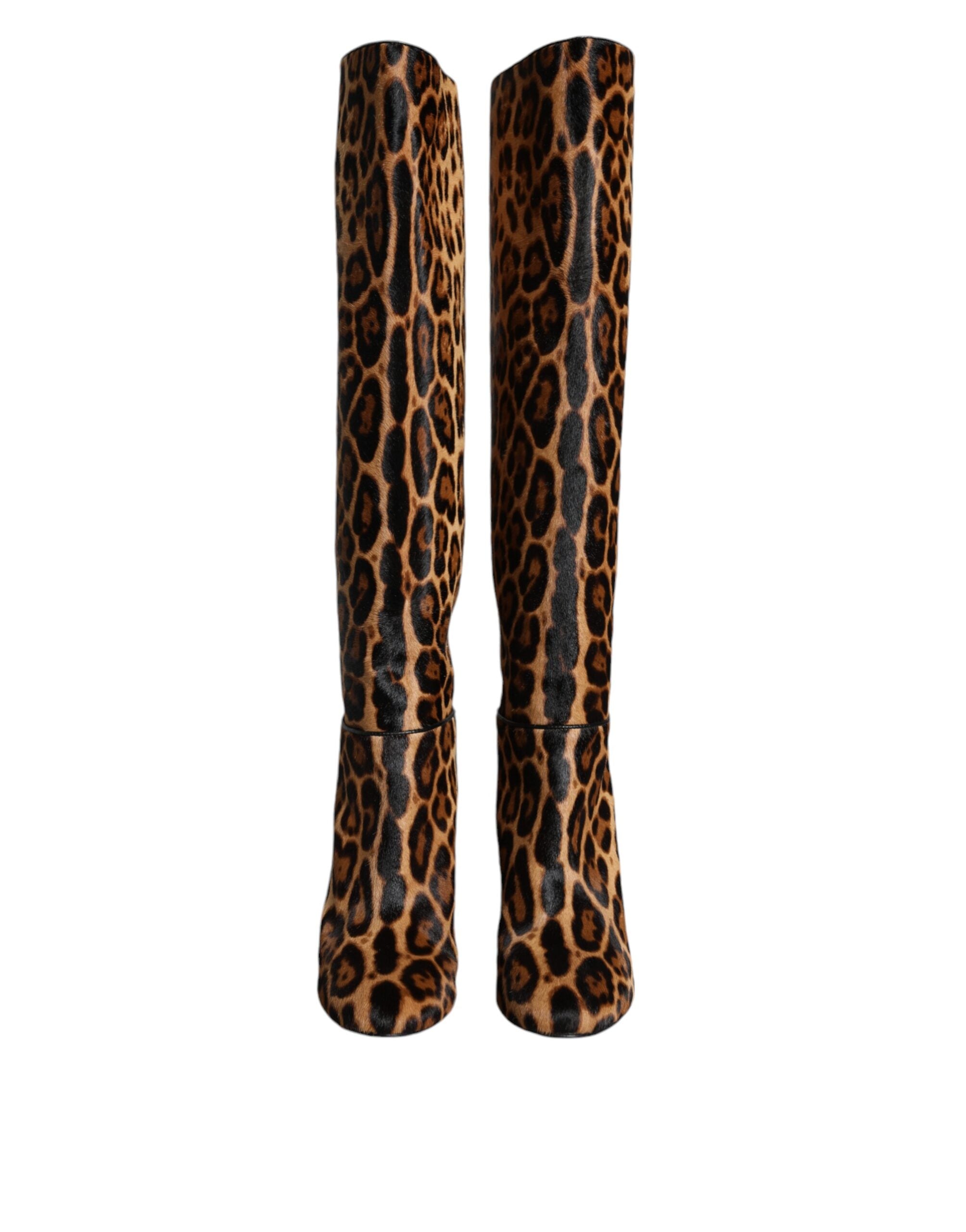 Dolce &amp; Gabbana Beige Schwarz Leopard Kniehohe Stiefel Schuhe