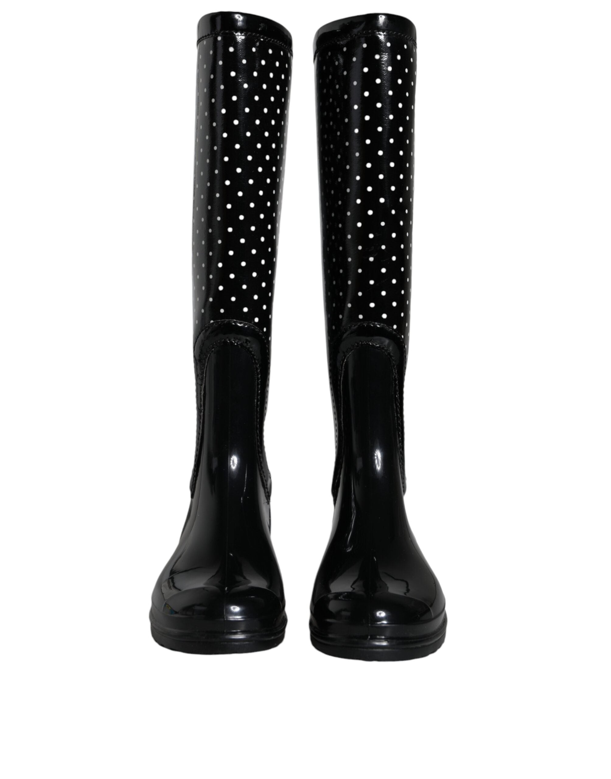Dolce &amp; Gabbana – Kniehohe Stiefel aus Gummi mit schwarzen Punkten