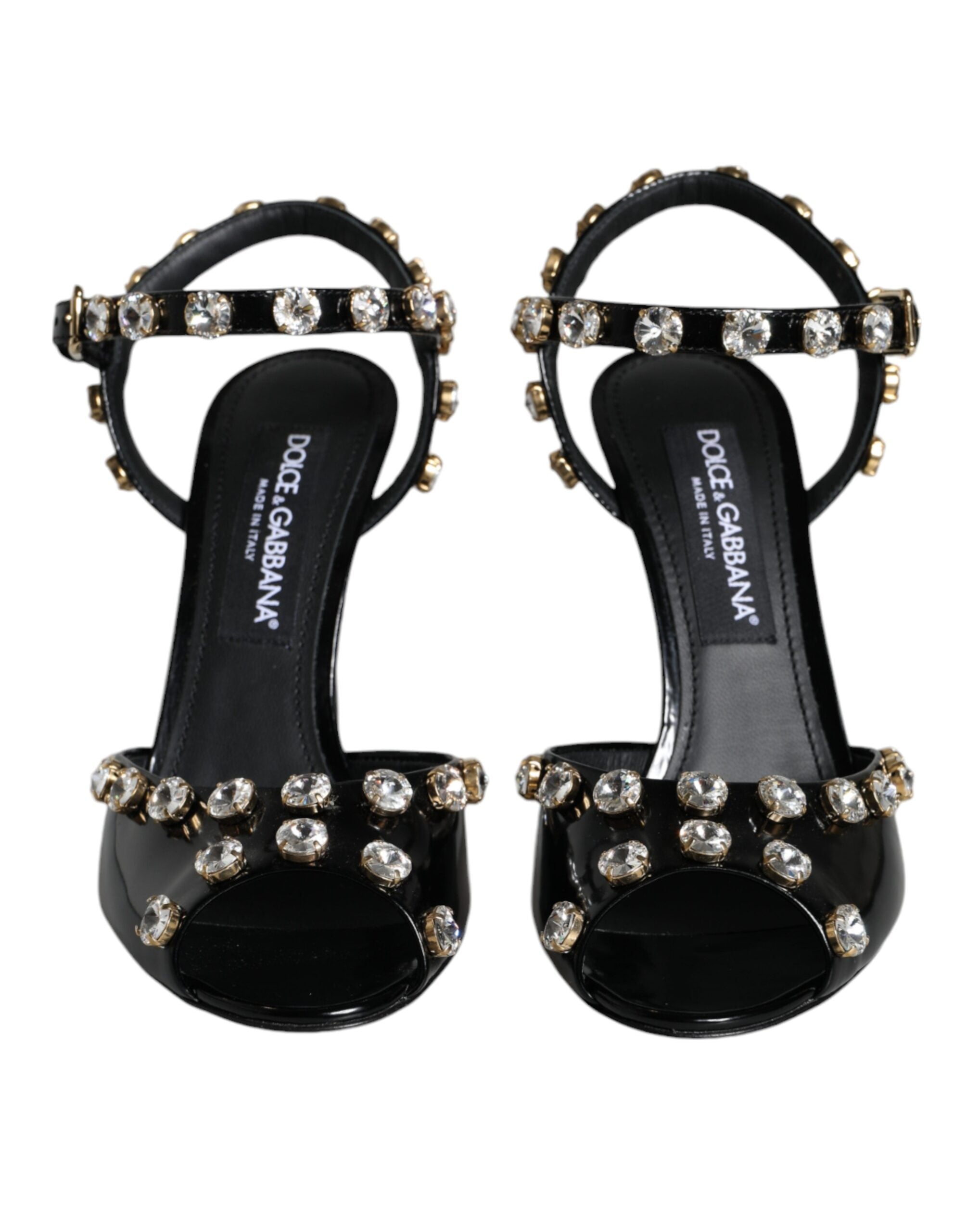 Dolce &amp; Gabbana Schwarze Sandalen aus Leder mit Knöchelriemen und Kristallen