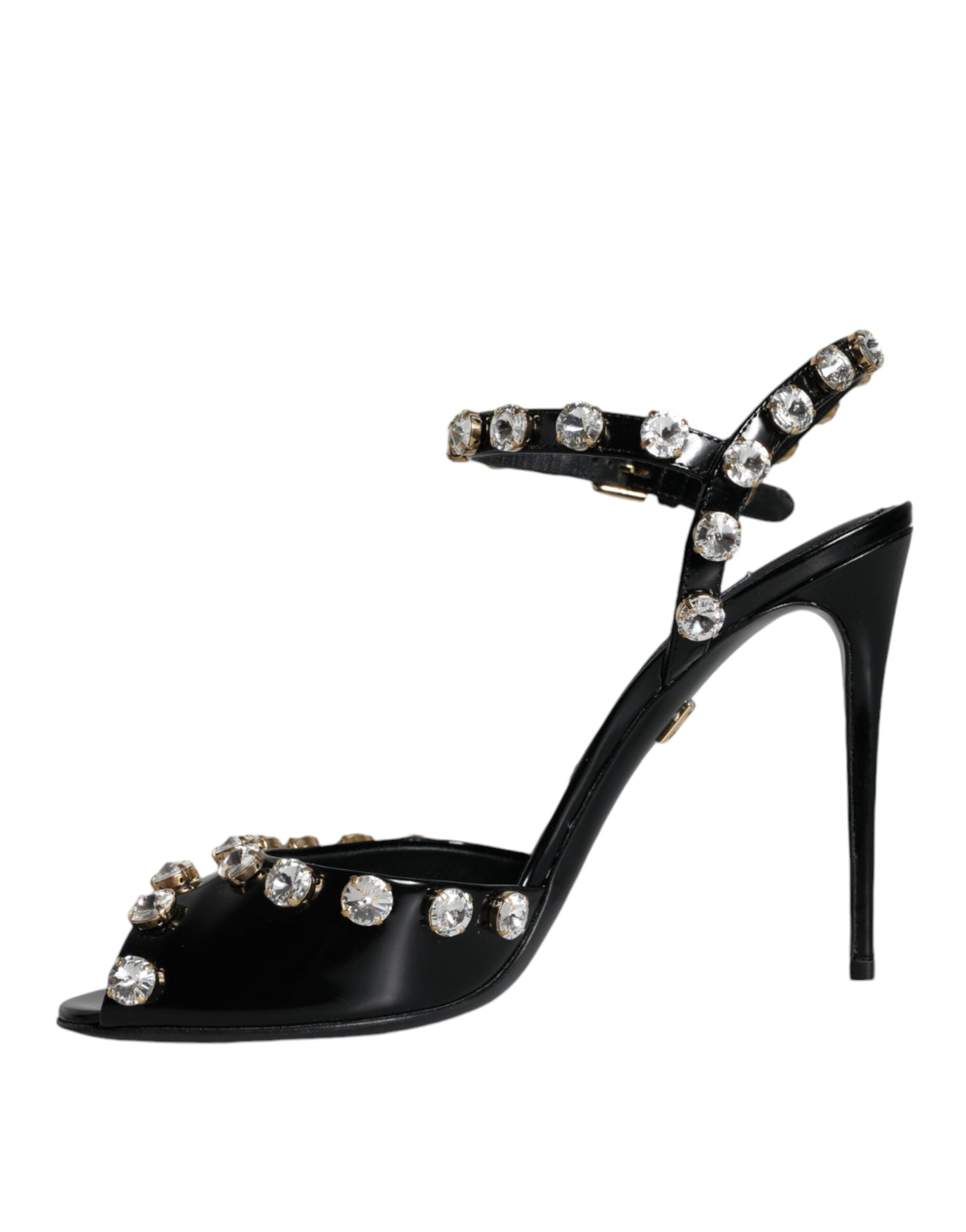 Dolce &amp; Gabbana Schwarze Sandalen aus Leder mit Knöchelriemen und Kristallen