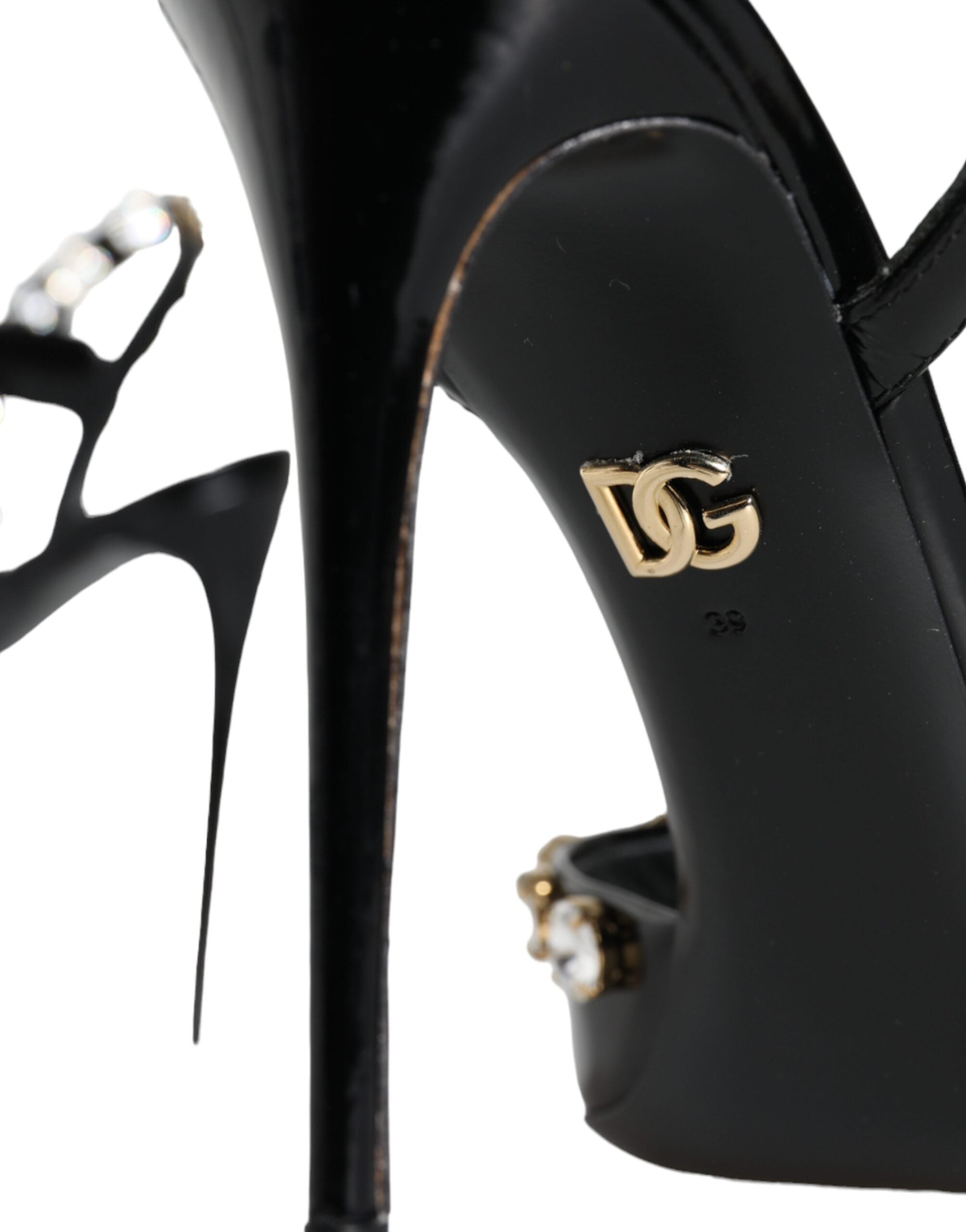 Dolce &amp; Gabbana Schwarze Sandalen aus Leder mit Knöchelriemen und Kristallen
