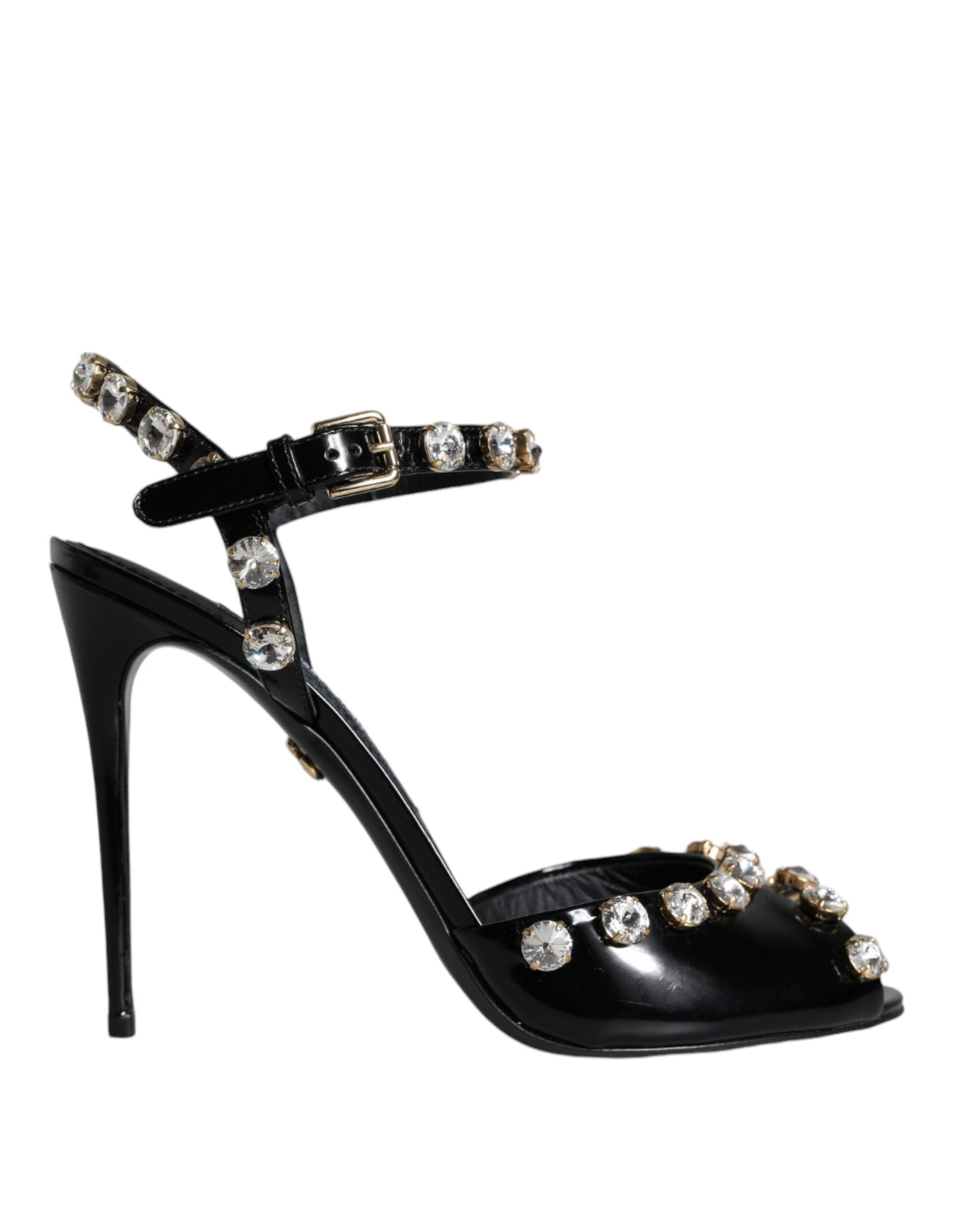 Dolce &amp; Gabbana Schwarze Sandalen aus Leder mit Knöchelriemen und Kristallen