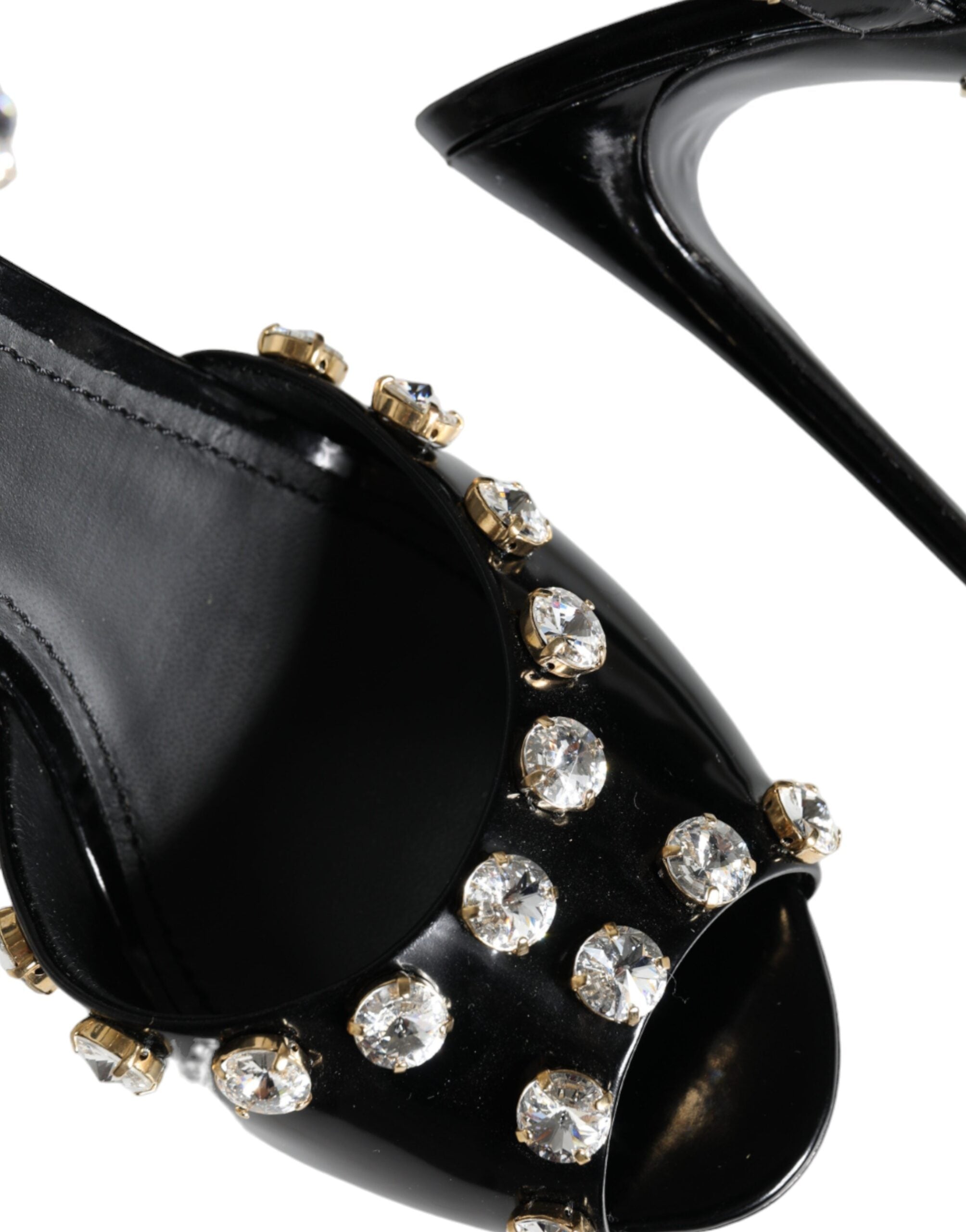 Dolce &amp; Gabbana Schwarze Sandalen aus Leder mit Knöchelriemen und Kristallen
