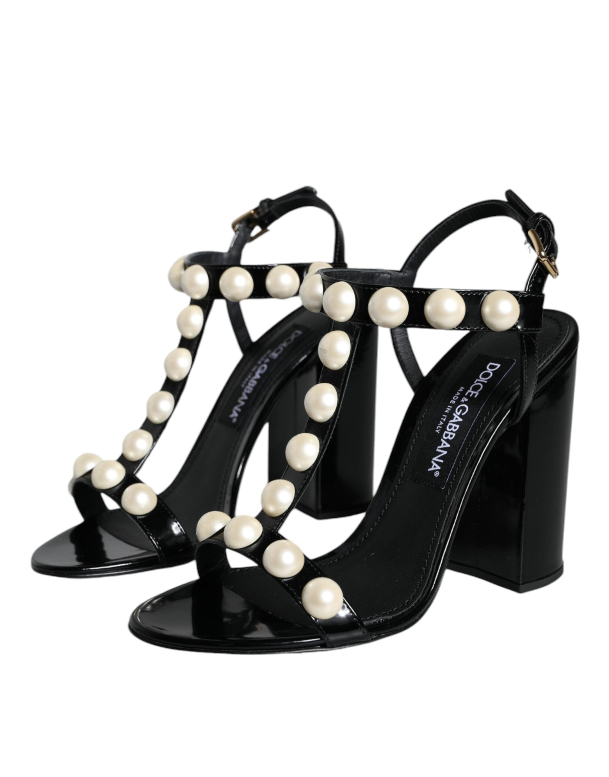 Dolce &amp; Gabbana – Sandalen mit T-Riemen und Perlen in Schwarz aus Leder