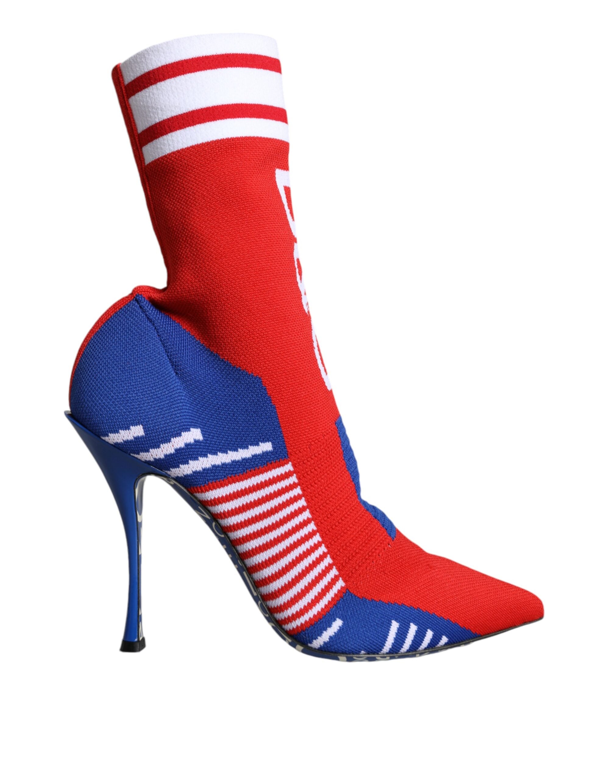 Dolce &amp; Gabbana – Rot-blaue Stretch-Stiefeletten im Sockenstil mit Logo