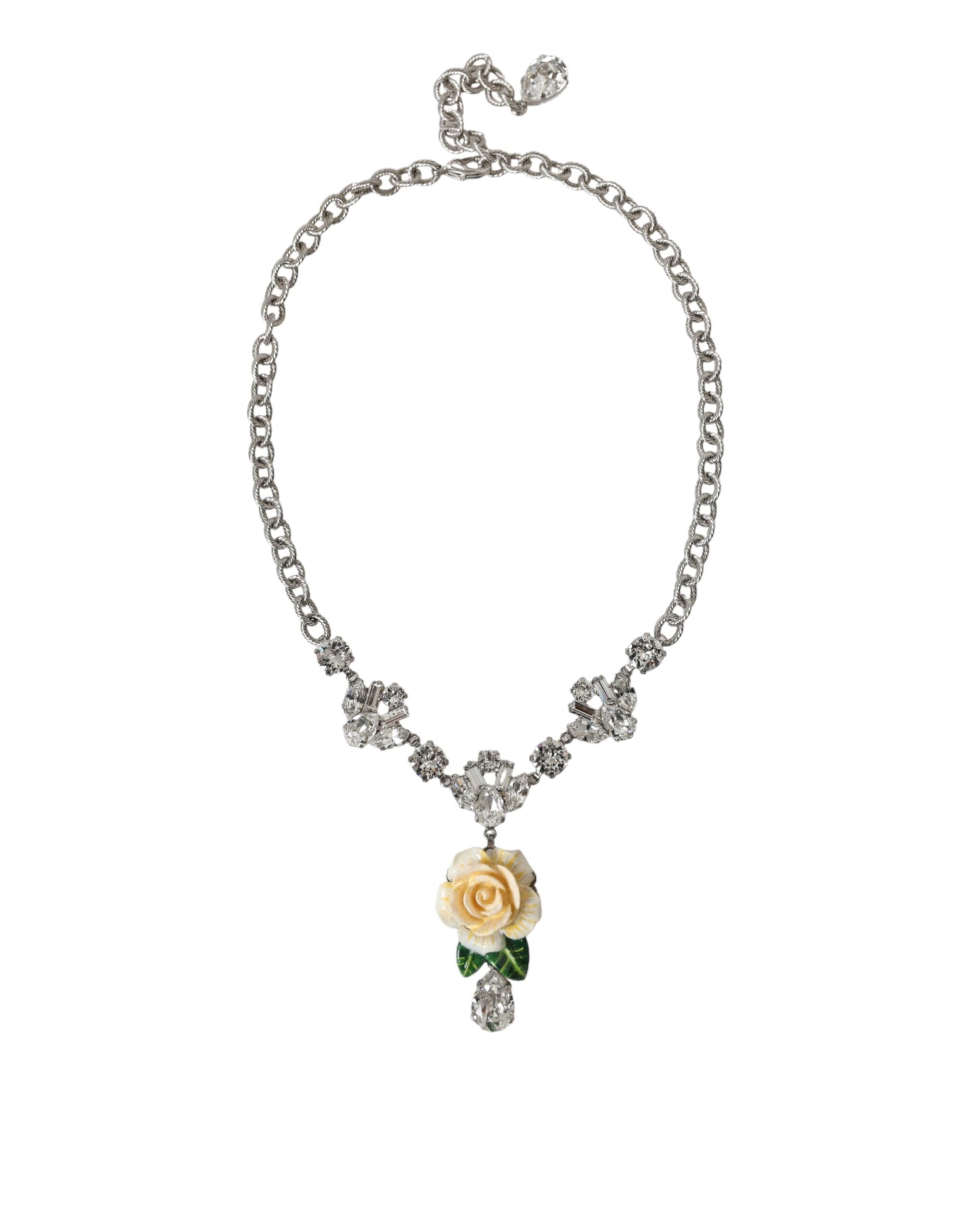 Colier Dolce &amp; Gabbana cu pandantive din alamă argintie și cristale transparente, cu trandafiri