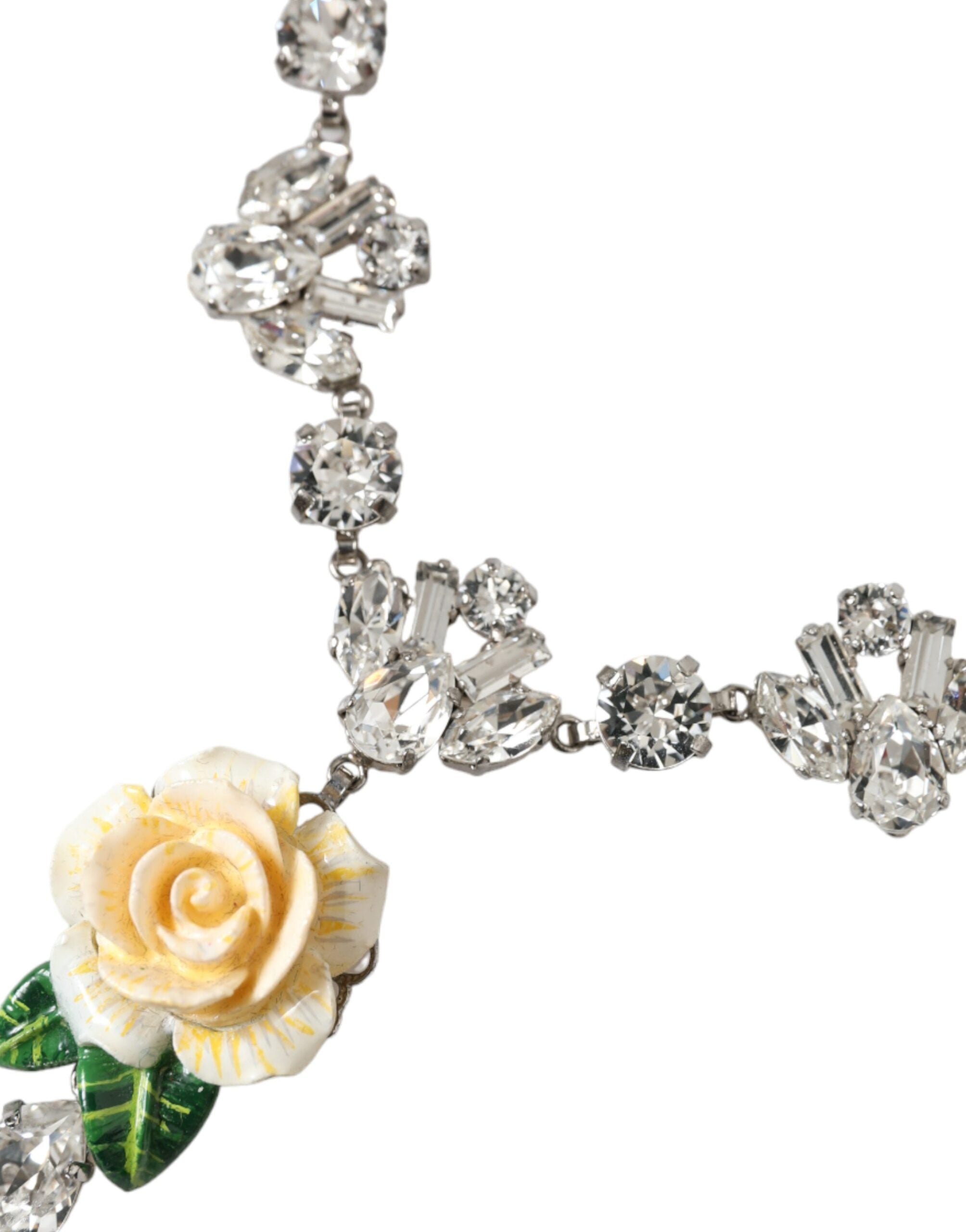 Colier Dolce &amp; Gabbana cu pandantive din alamă argintie și cristale transparente, cu trandafiri