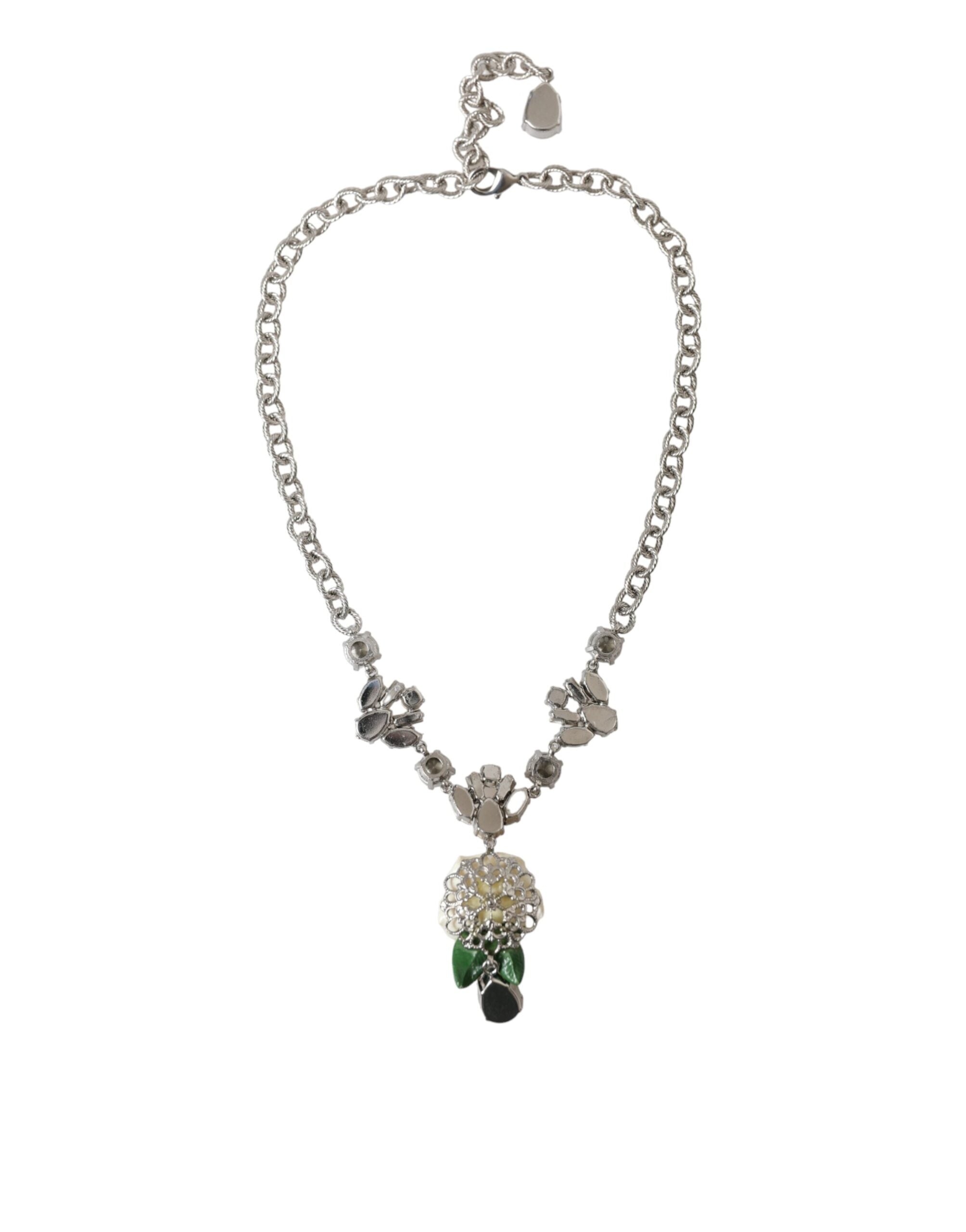 Colier Dolce &amp; Gabbana cu pandantive din alamă argintie și cristale transparente, cu trandafiri