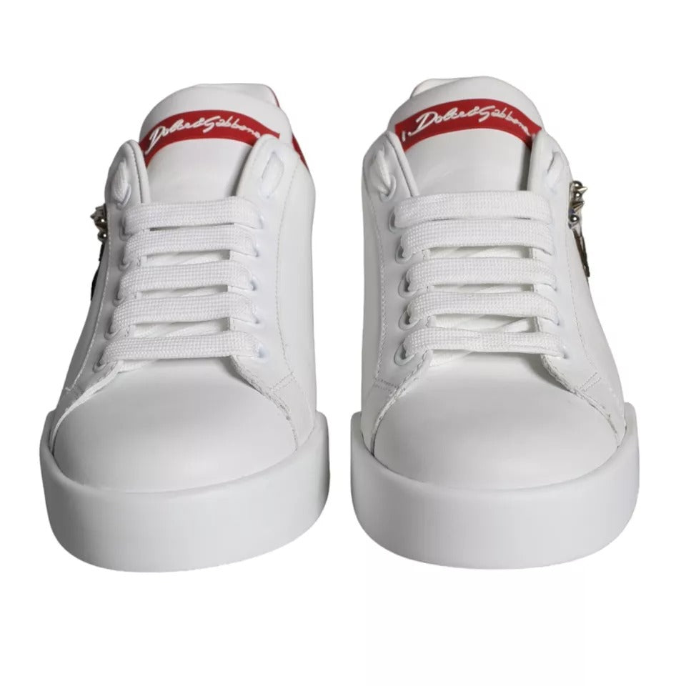 Dolce &amp; Gabbana – Portofino-Sneakers aus Kalbsnappaleder in Weiß mit Patch