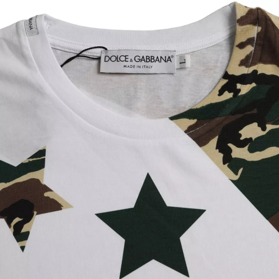 Dolce &amp; Gabbana Weißes Camouflage-T-Shirt mit Sternen und Rundhalsausschnitt für Herren
