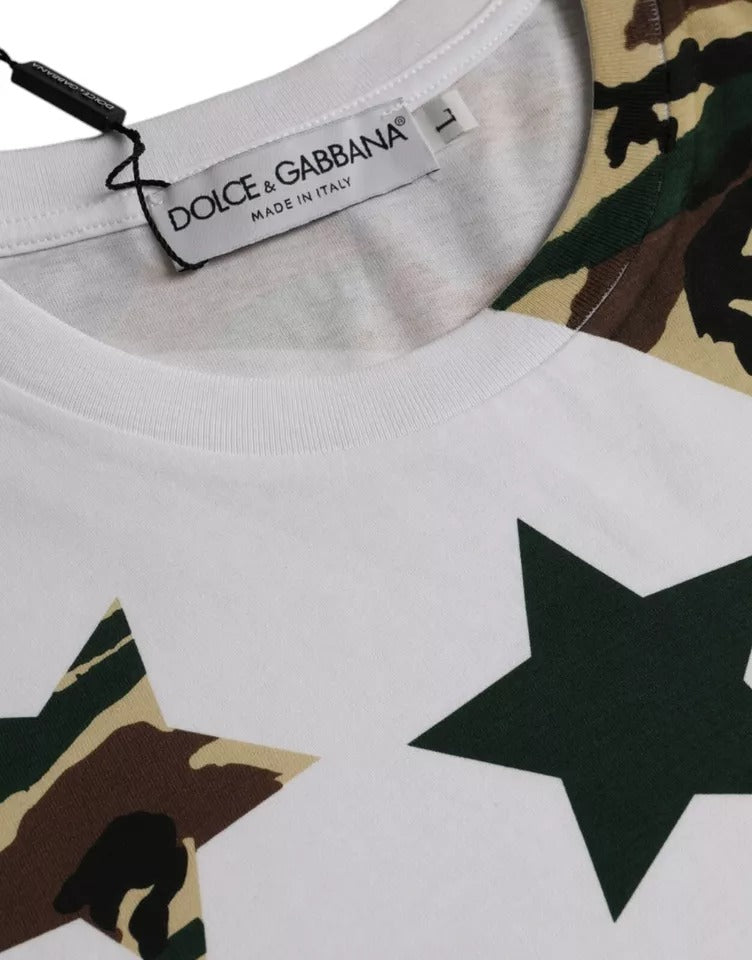 Dolce &amp; Gabbana Weißes Camouflage-T-Shirt mit Sternen und Rundhalsausschnitt für Herren