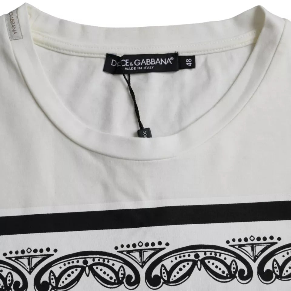 Dolce &amp; Gabbana Weißes Herren-T-Shirt aus Baumwolle mit Bandana-Print und kurzen Ärmeln