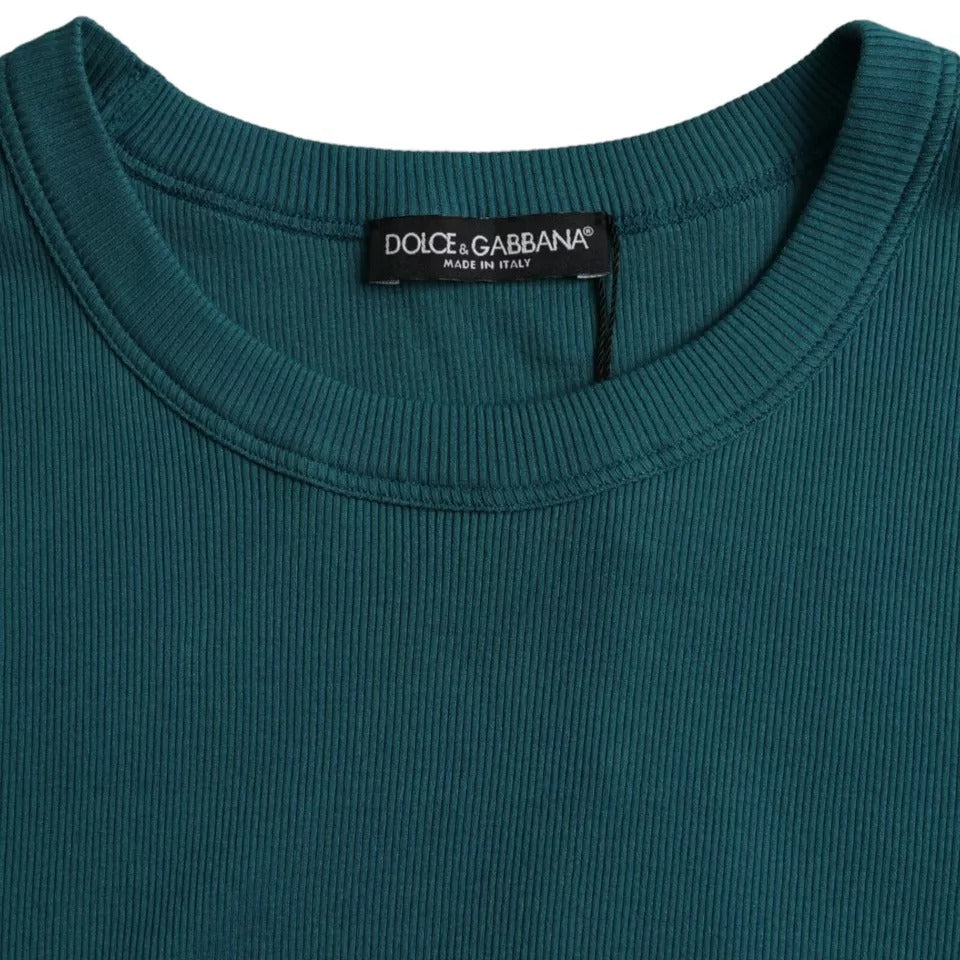 Tricou Dolce &amp; Gabbana albastru-verde din bumbac cu guler rotund și mânecă scurtă