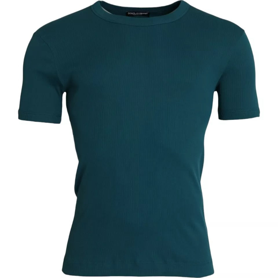 Tricou Dolce &amp; Gabbana albastru-verde din bumbac cu guler rotund și mânecă scurtă