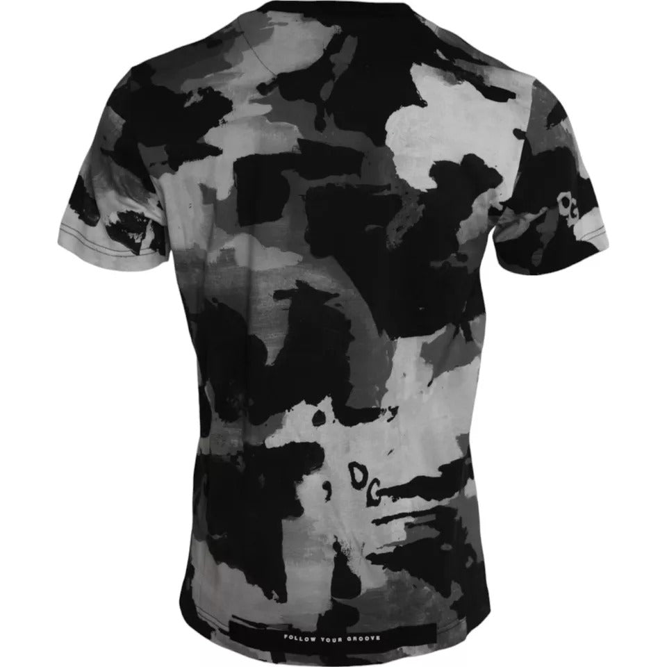 Tricou Dolce &amp; Gabbana cu guler rotund și imprimeu camuflaj alb negru