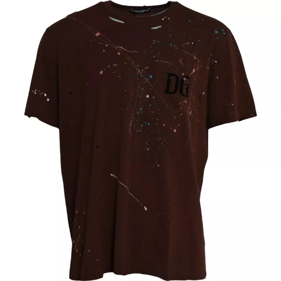 Tricou Dolce &amp; Gabbana maro cu guler rotund din bumbac și stropi de culoare