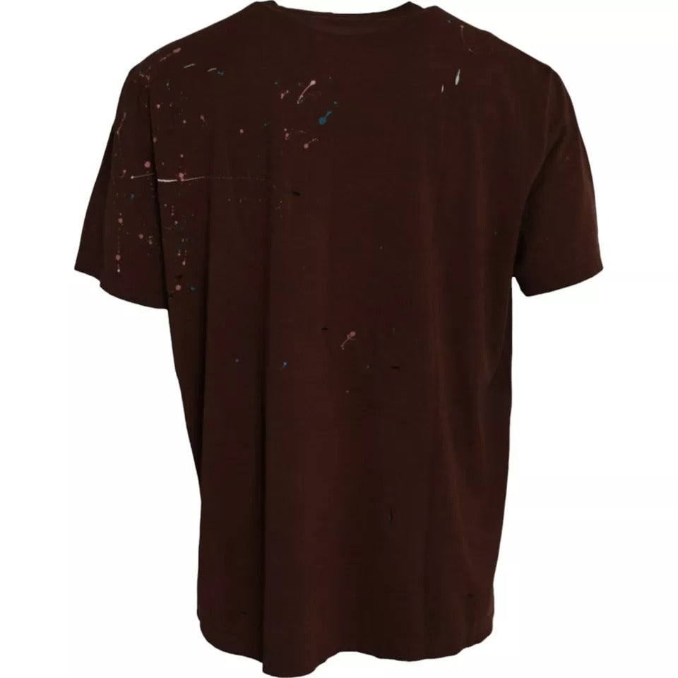 Dolce &amp; Gabbana Braunes T-Shirt aus Baumwolle mit Farbspritzern und Rundhalsausschnitt