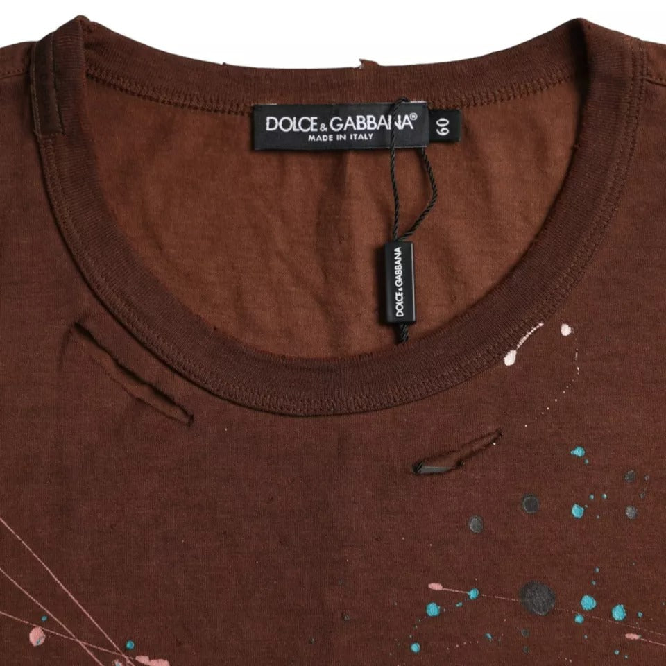 Dolce &amp; Gabbana Braunes T-Shirt aus Baumwolle mit Farbspritzern und Rundhalsausschnitt