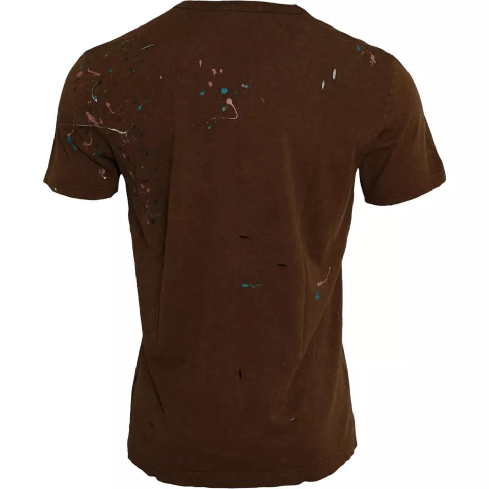 Tricou Dolce &amp; Gabbana maro cu guler rotund din bumbac și stropi de culoare