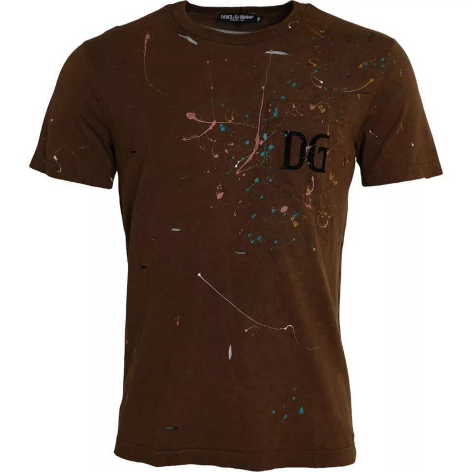 Tricou Dolce &amp; Gabbana maro cu guler rotund din bumbac și stropi de culoare
